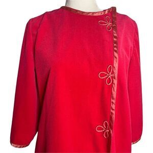 Vintage 80s Velour Full Length Housecoat Robe M Pink Zip Front Ribbon Trim